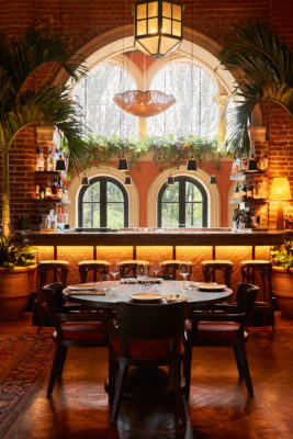 Gold-lit restaurant
