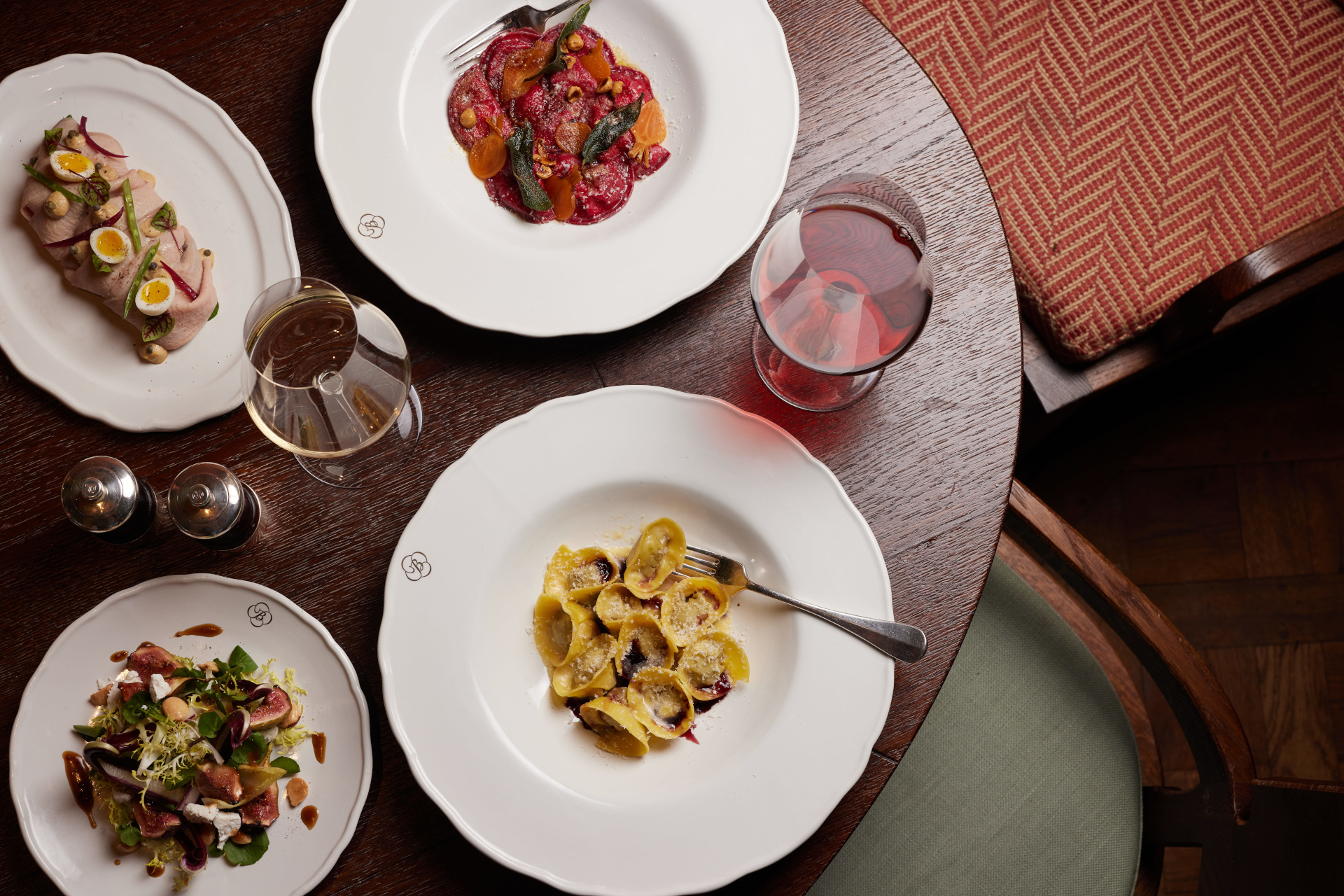 Table set with plates of food
