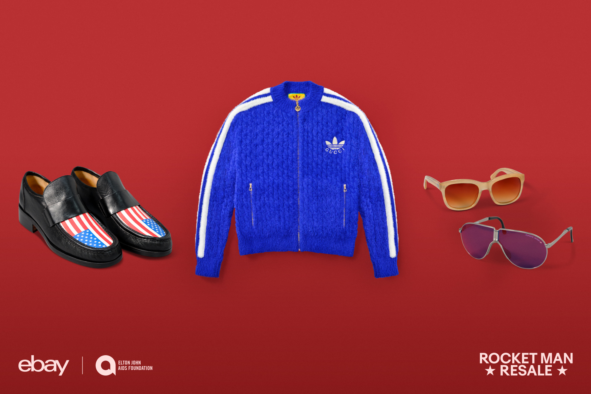 Elton John wardrobe items on red background