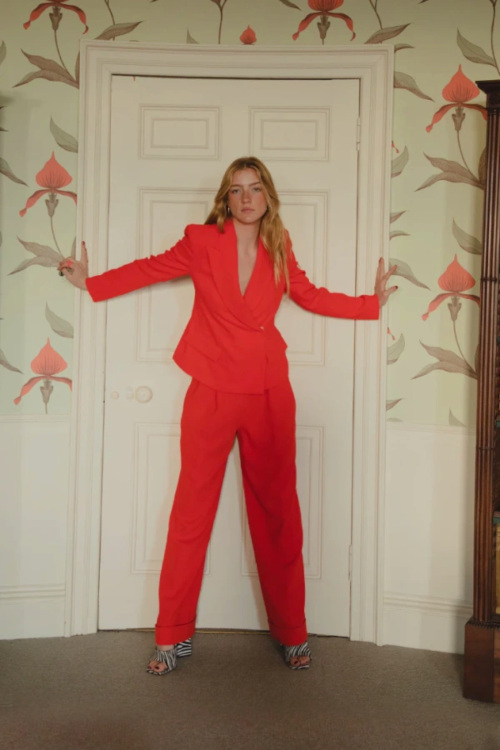 Woman in red suit