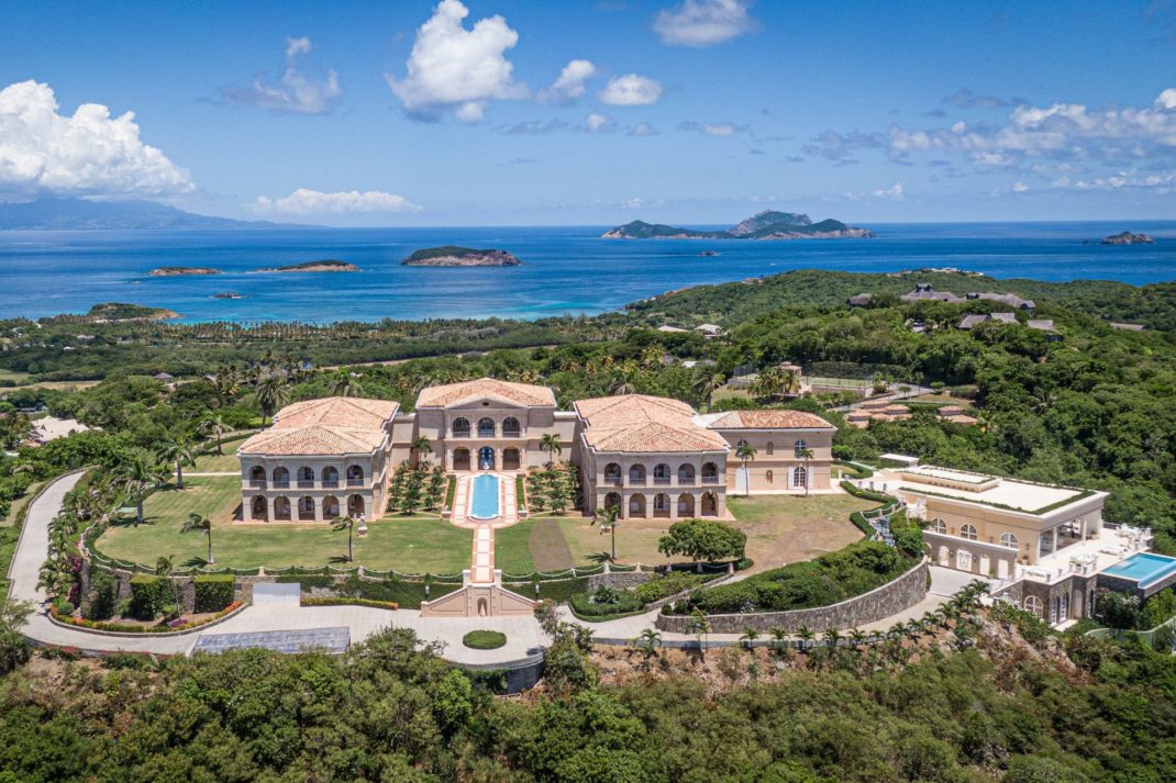 Aerial view of Mustique villa with swimming pools and landscaped gardens