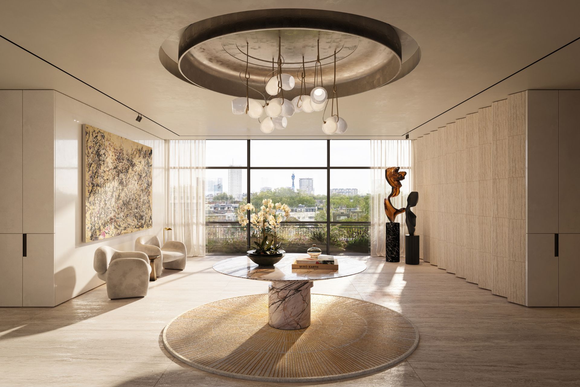 Dressing room with floor-to-ceiling windows, round central table and built-in wardrobes.