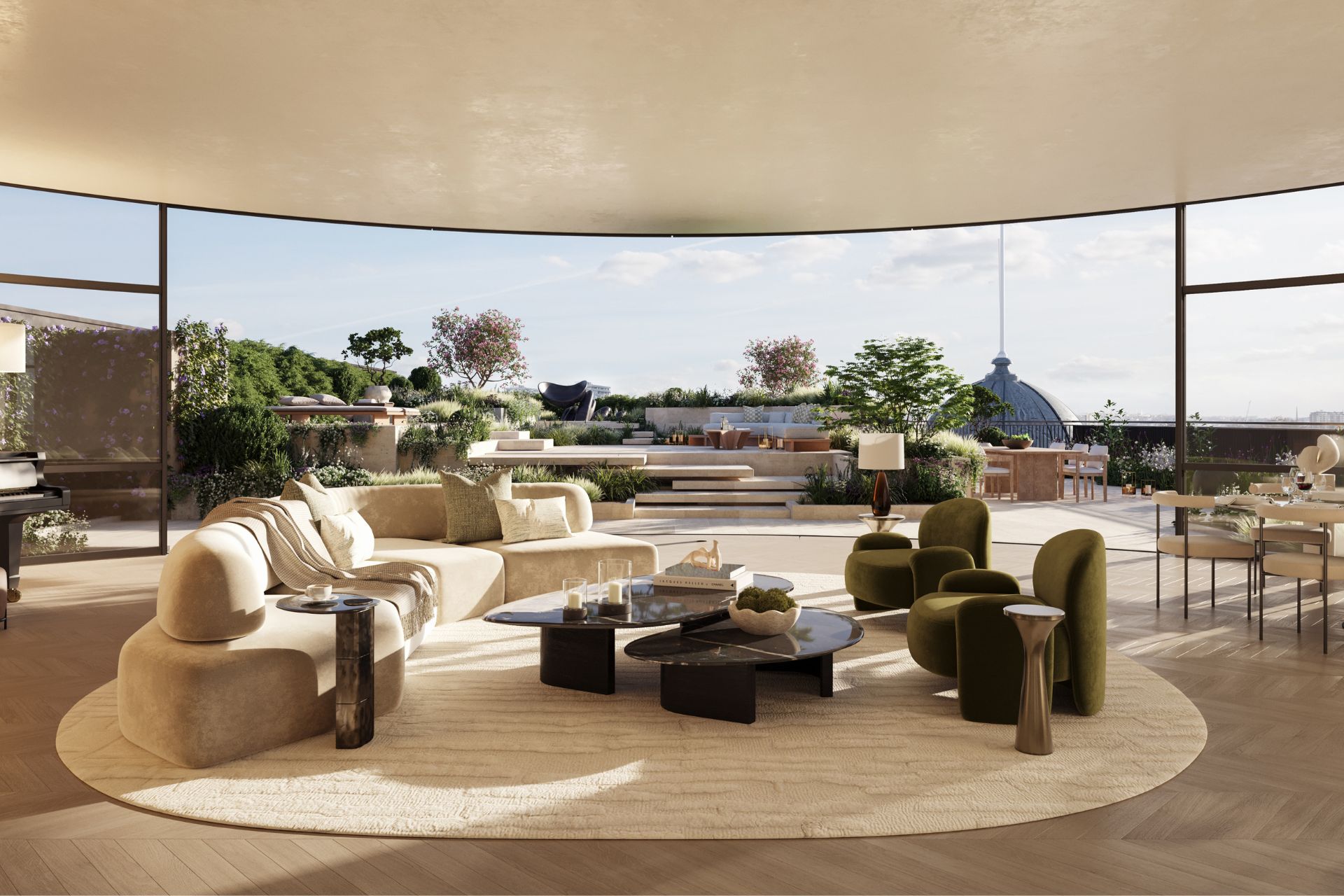 Curved living room with floor-to-ceiling windows, curved white boucle sofas, and green velvet armchairs.