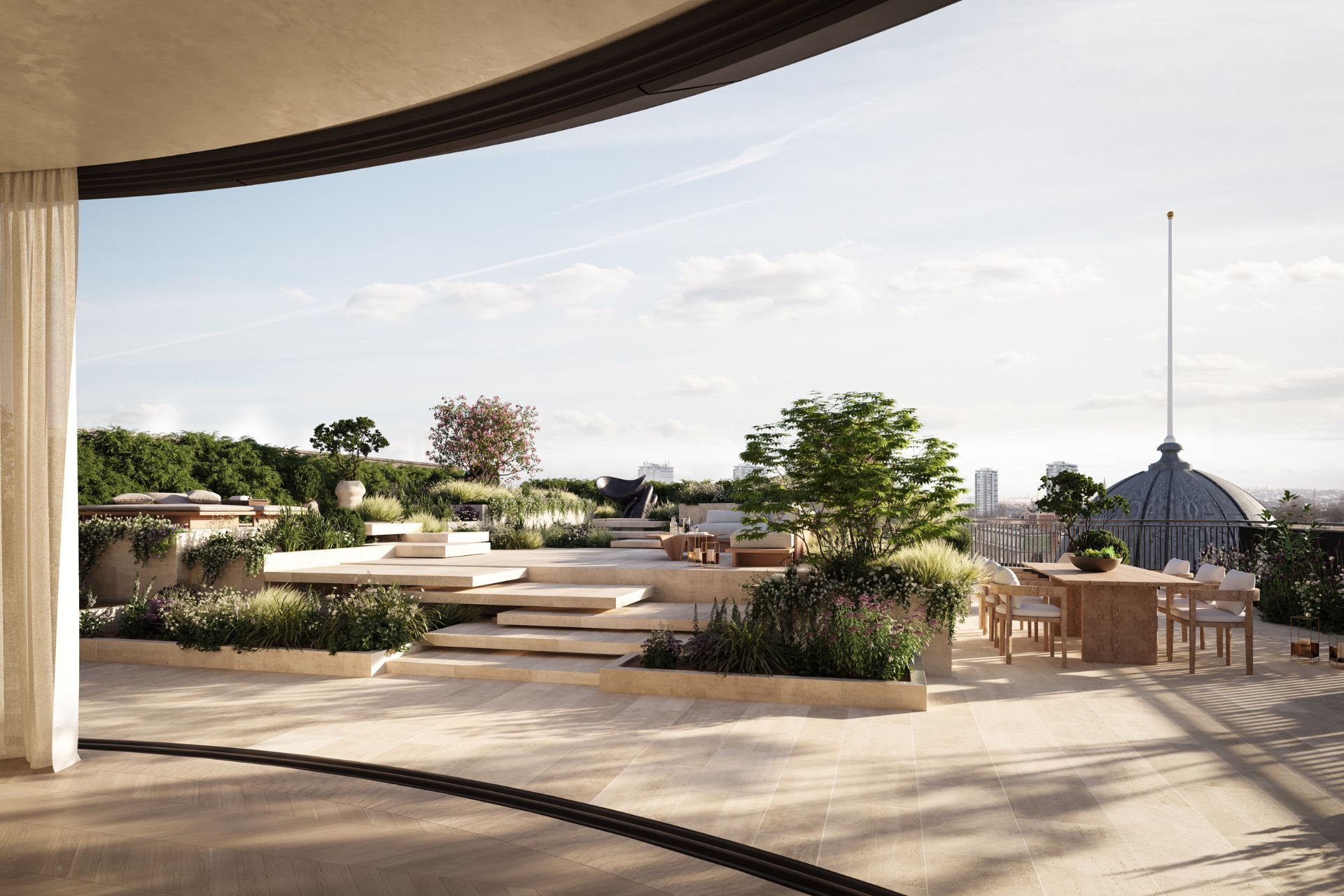 Landscaped terrace with sofas and dining areas.