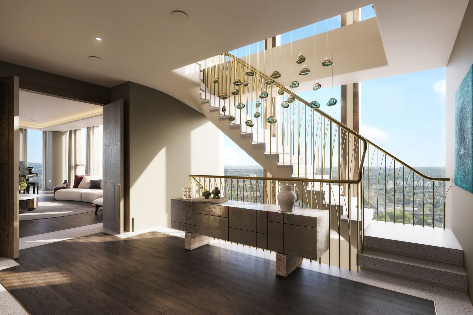 CGI penthouse foyer with bespoke staircase, chandelier, and floor-to-ceiling windows.
