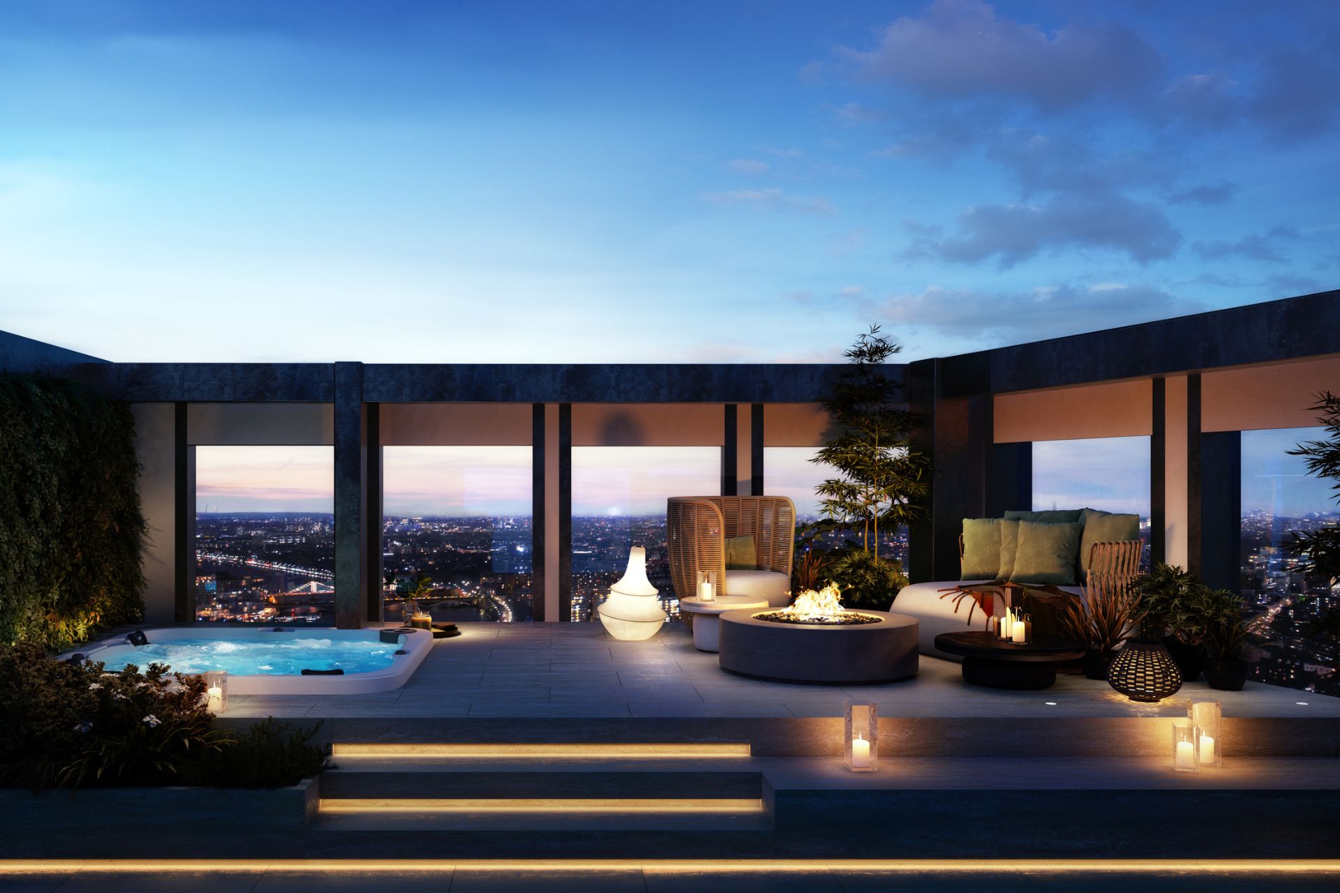 CGI penthouse terrace at dusk, with a jacuzzi and a dining area.