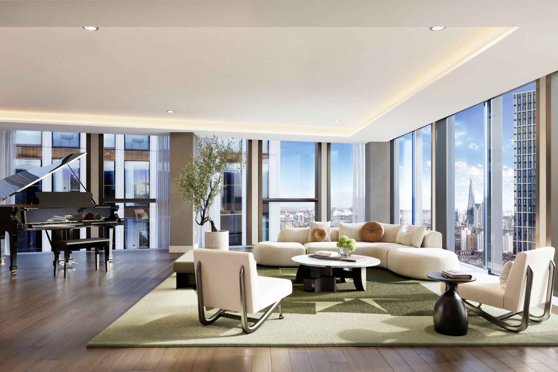 CGI penthouse living room with white sofas and a grand piano.