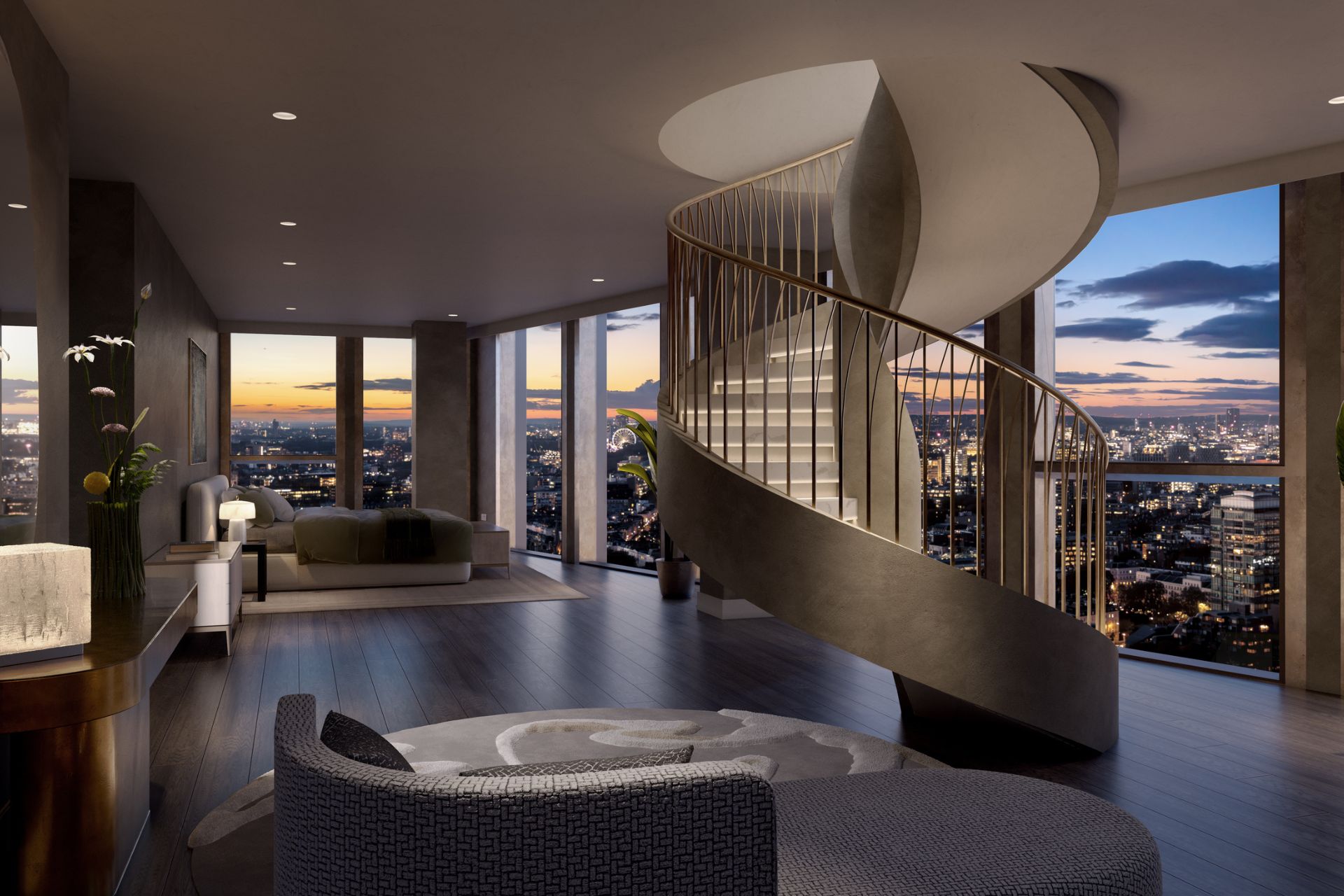 CGI penthouse bedroom with a spiral staircase and floor-to-ceiling windows offering views of London