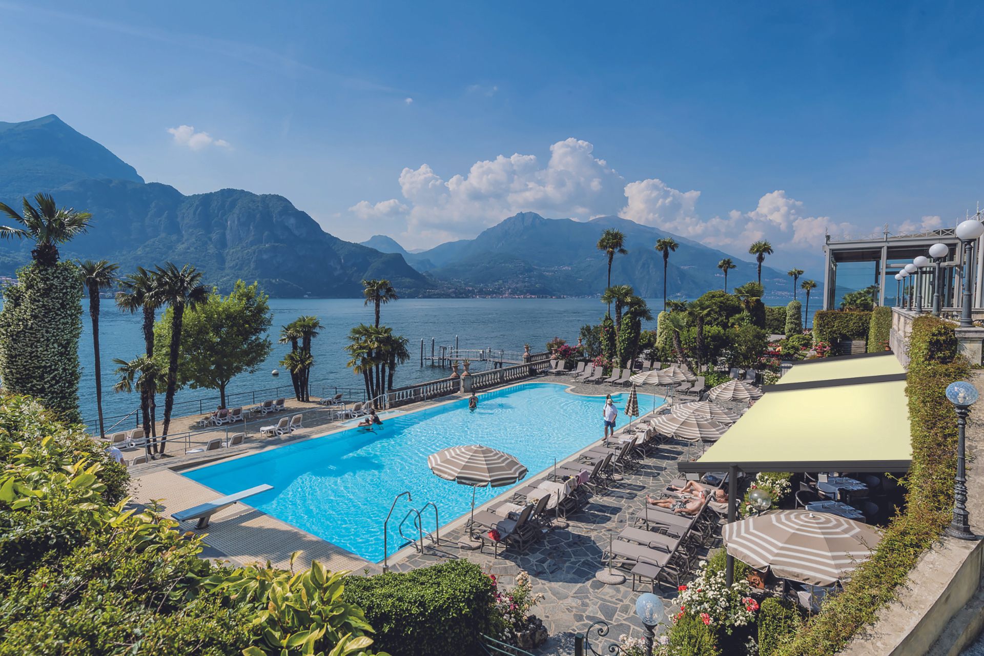 Aerial view of Villa Serbelloni's pool, overlooking Lake Como