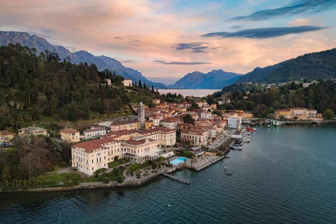 Aerial view of Villa Serbelloni, Lake Como, at sunset