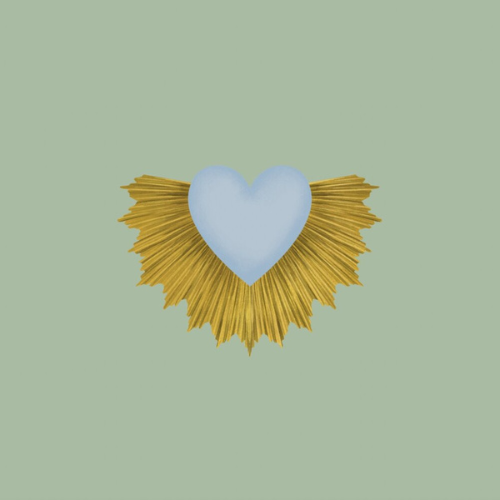 Sage green print with blue heart and gold border
