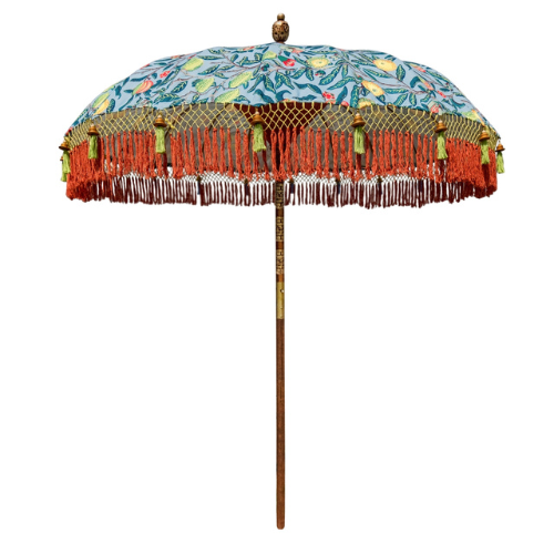 Blue and yellow patterned parasol with red fringing