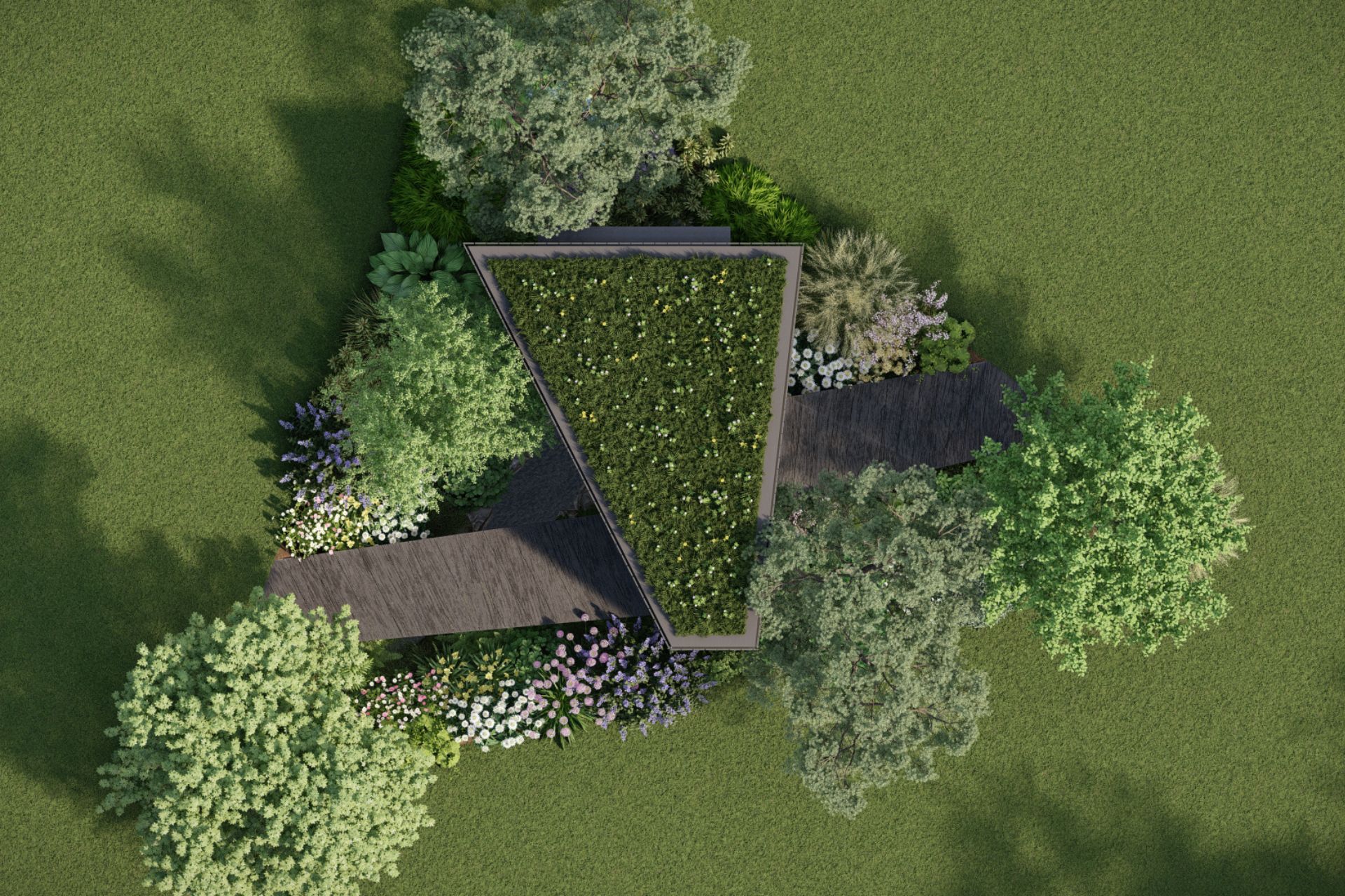 Aerial view of garden and building with green roof