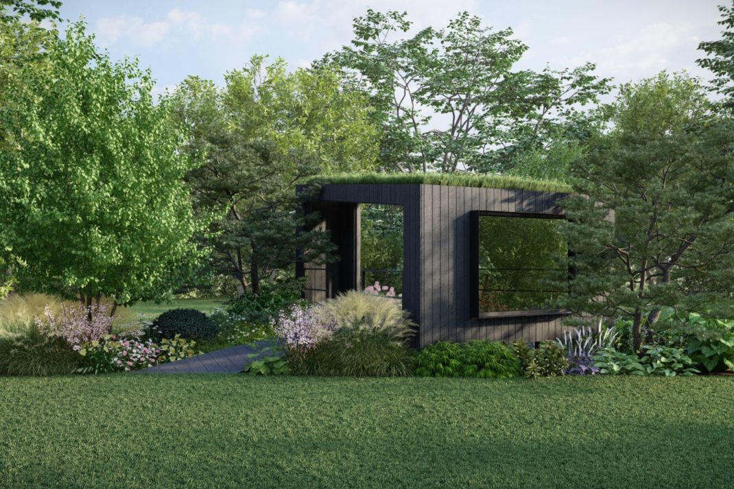 Garden with flowers and large wooden structure in the centre