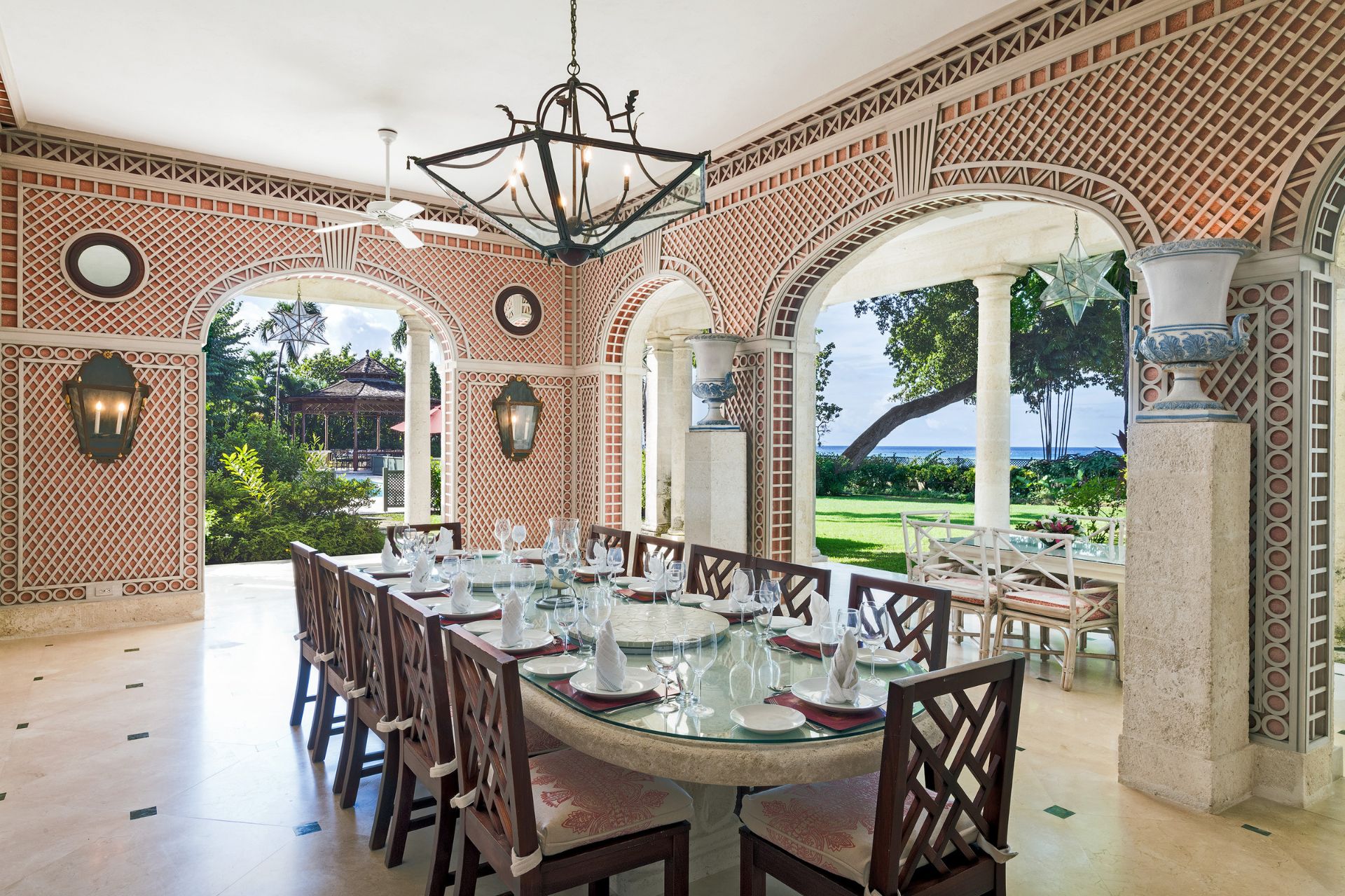 Dining room with red and white tiles and ocean views