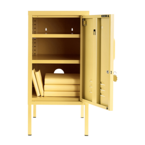 Butter yellow storage locker with butter yellow books inside