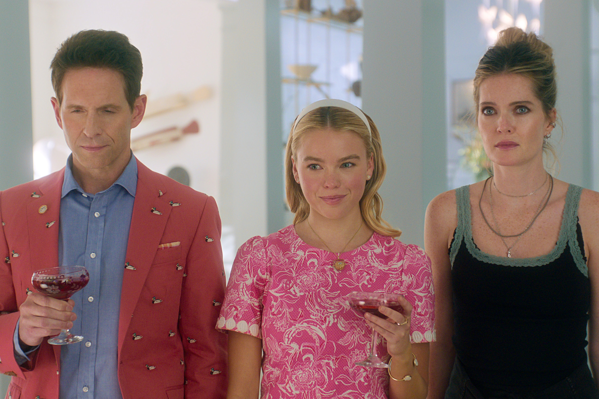 (L to R) Glenn Howerton as Ethan, Milly Alcock as Simone, Meghann Fahy as Devon in episode 101 of Sirens.