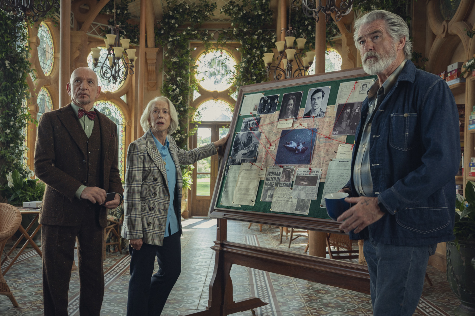 Sir Ben Kingsley, Helen Mirren & Pierce Brosnan in The Thursday Murder Club