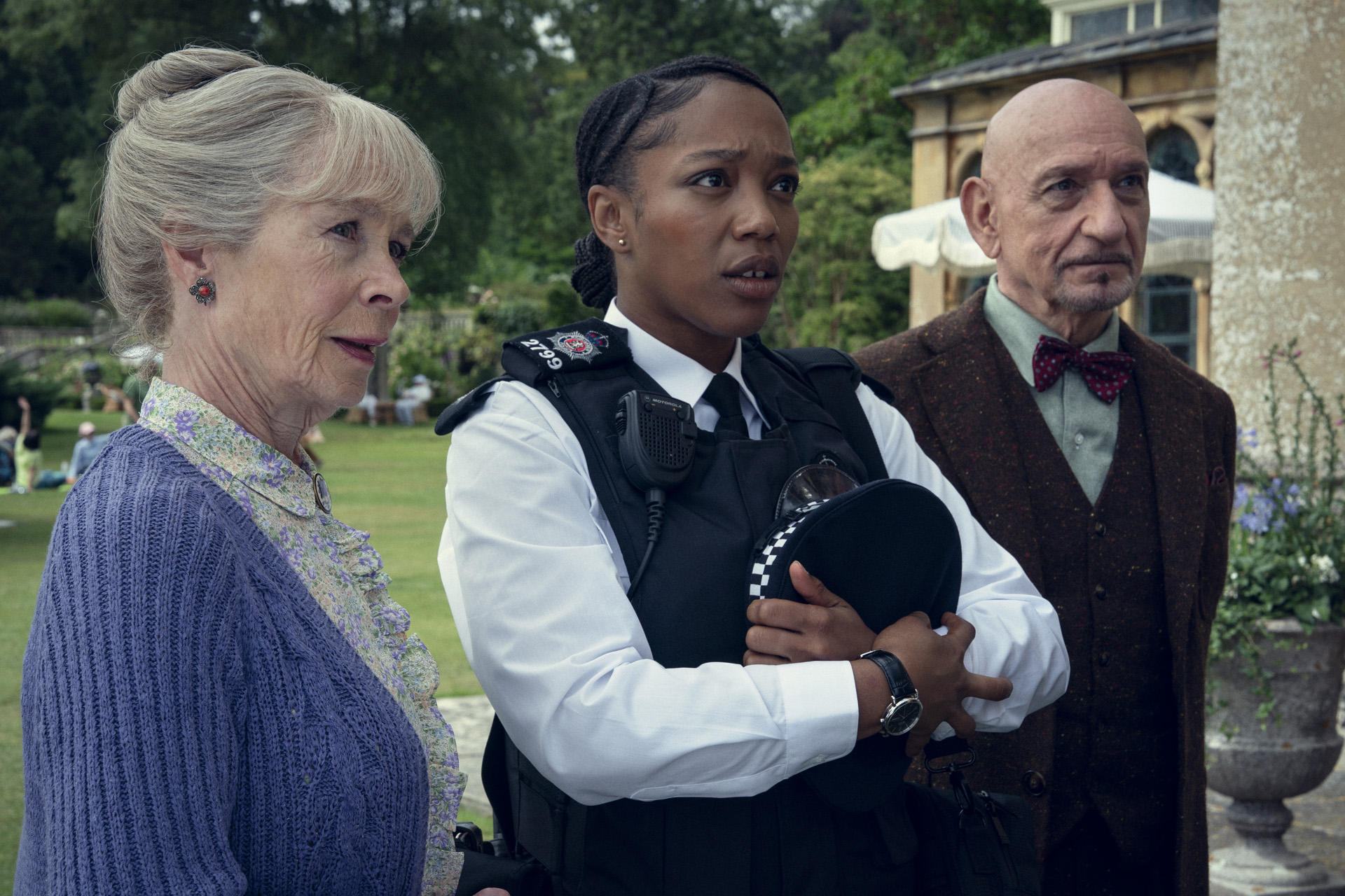 Celia Imrie, Naomi Ackie & Sir Ben Kingsley in The Thursday Murder Club