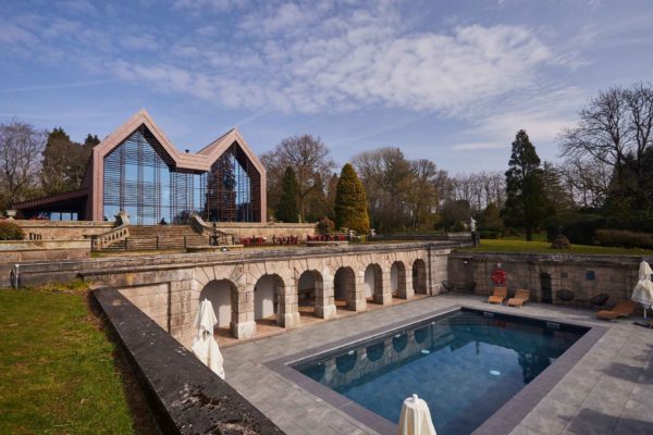 Aerial view of the restaurant and outdoor pool at The Tawny