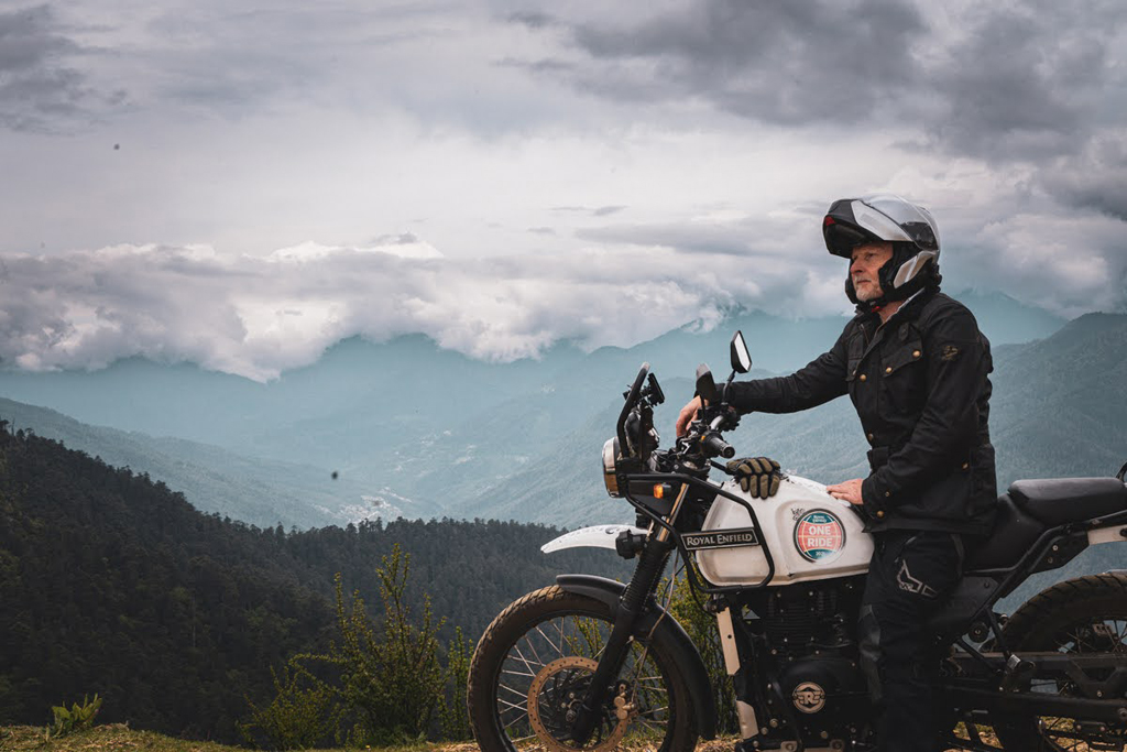 Jeremy riding the Royal Enfield in Bhutan