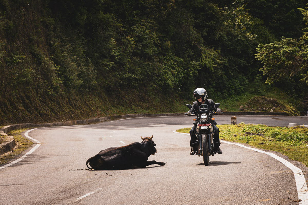 Jeremy riding the Royal Enfield in Bhutan