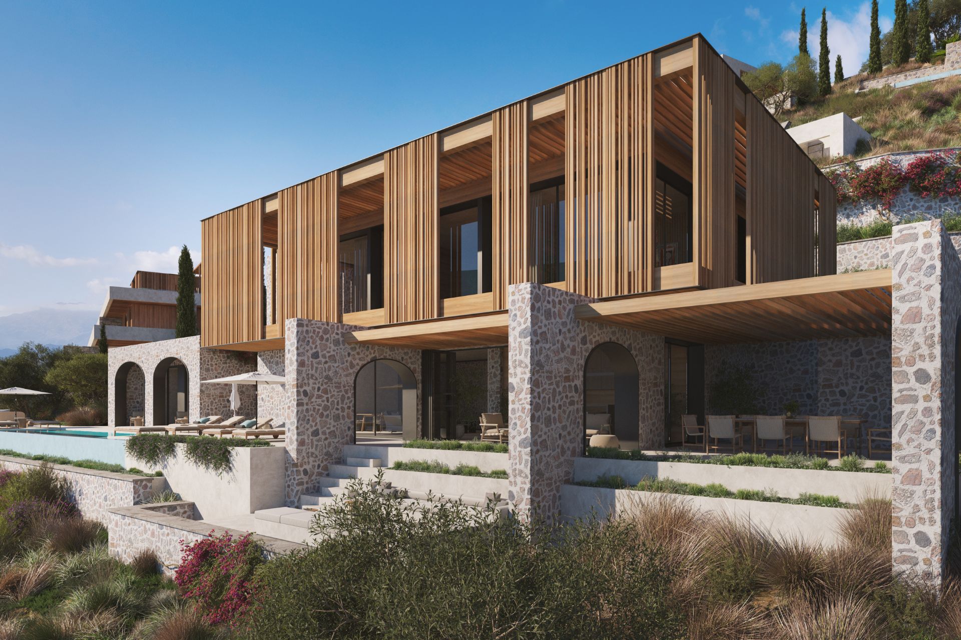 Villa with wood-panelling and stone archways