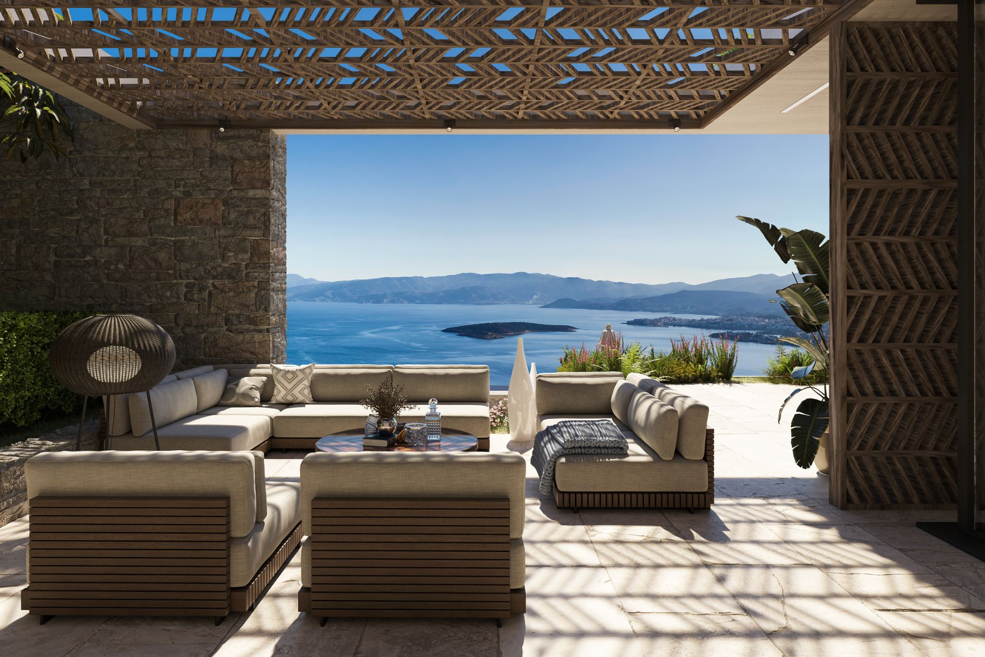 Outdoor dining area with ocean views