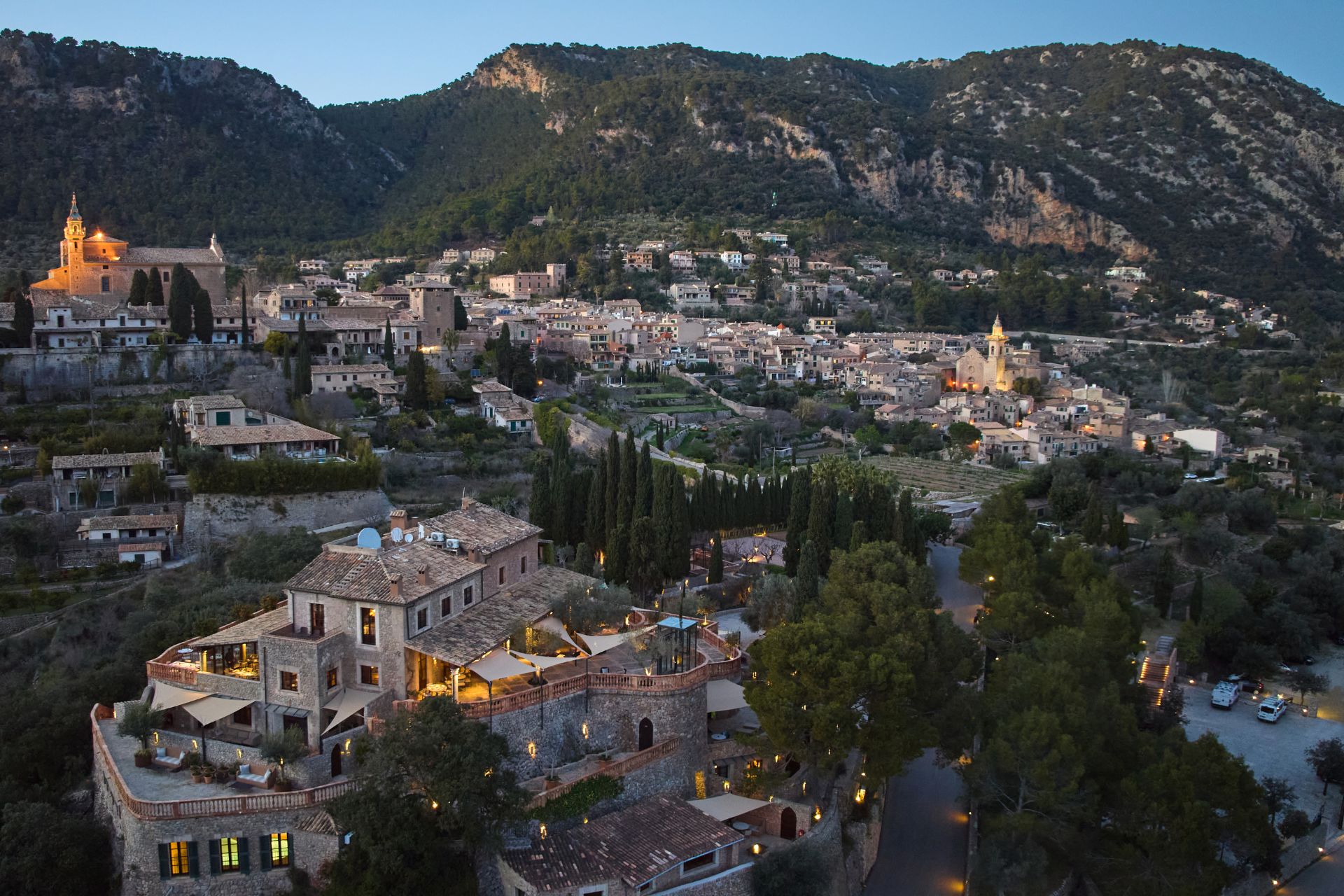 Aerial view of Valdemossa Hotel, on a hillside in Mallorca.