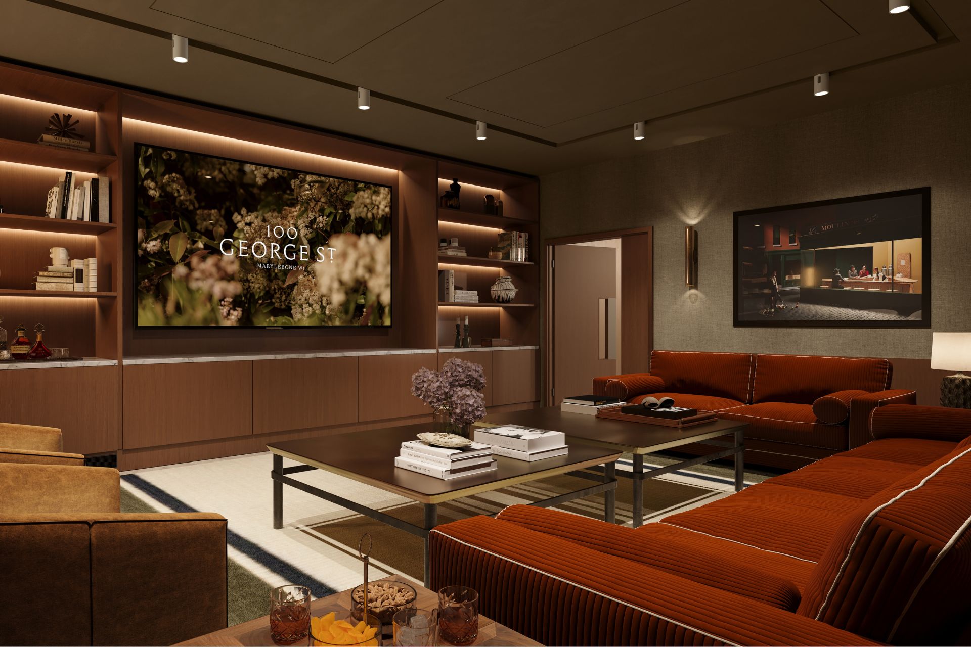 Lounge with red sofas and glass coffee table