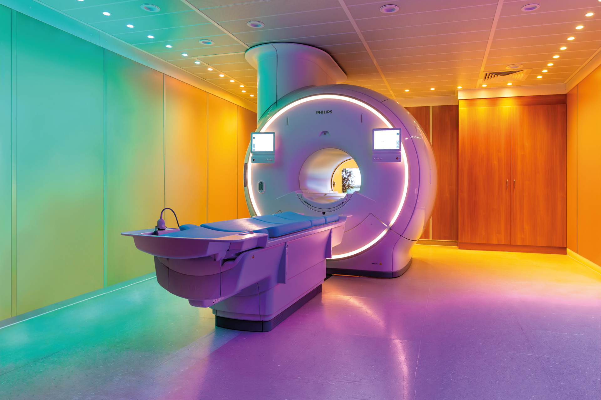 MRI scanner in multi-coloured room