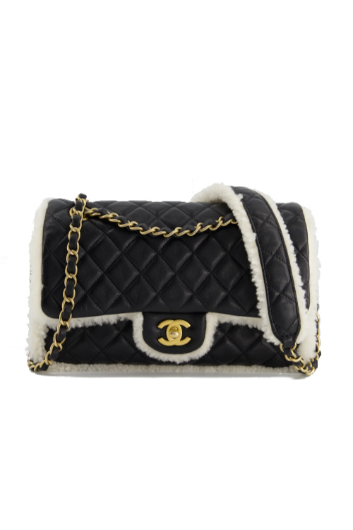 Black handbag with fur trim