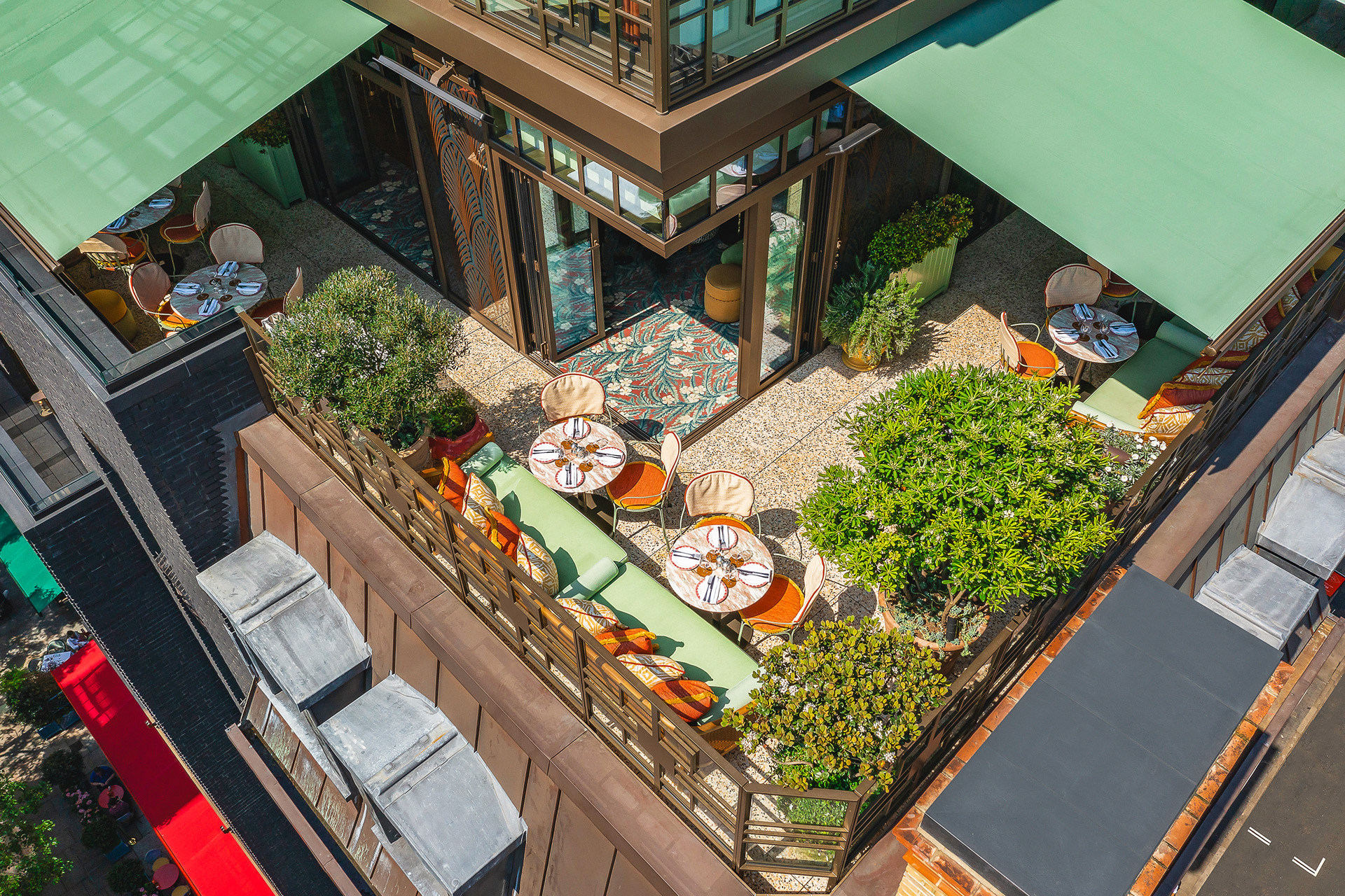 Aerial shot of a rooftop bar in Soho