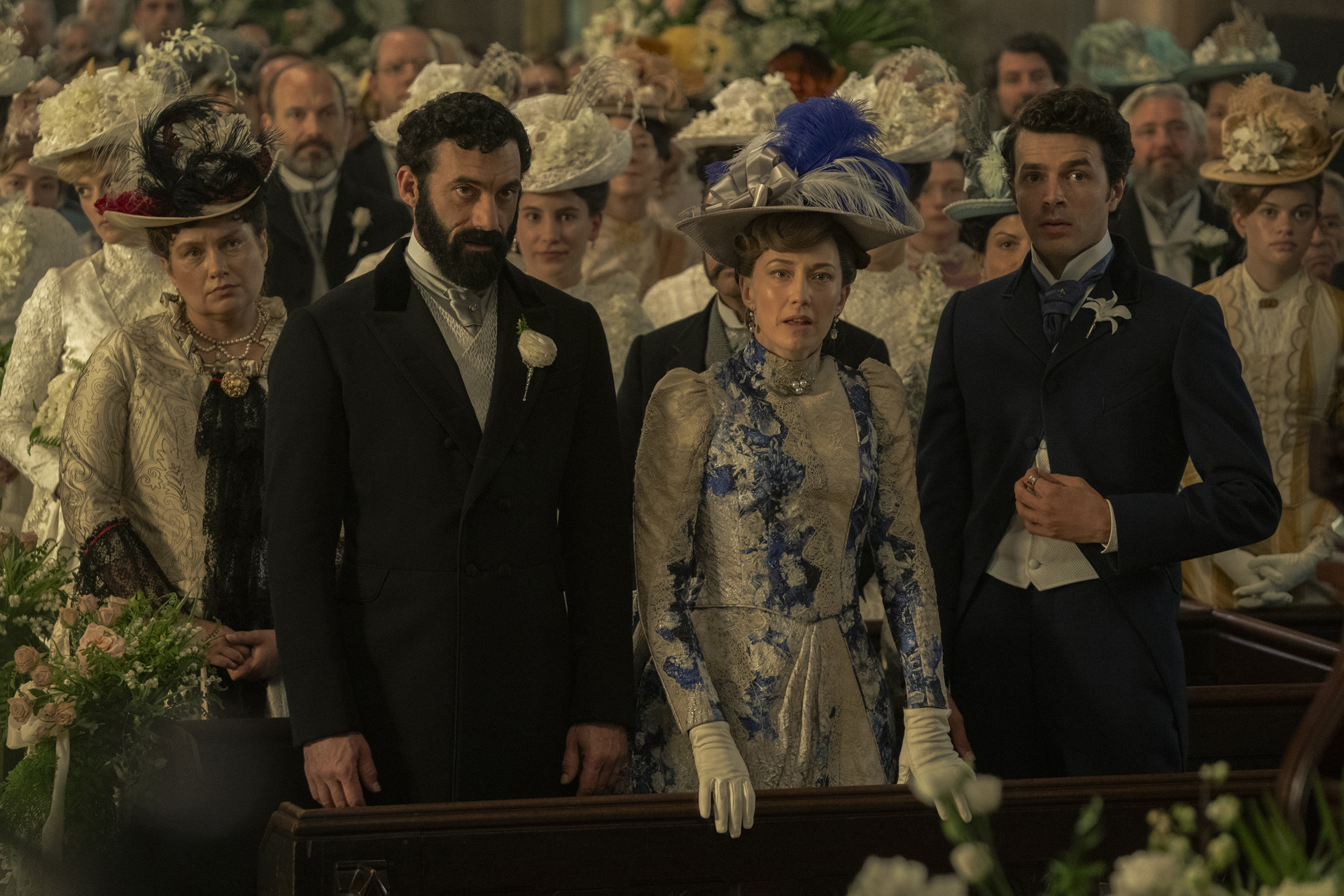 Morgan Spector as George Russell, Carrie Coon as Bertha Russell & Harry Richardson as Larry Russell in The Gilded Age season 3.