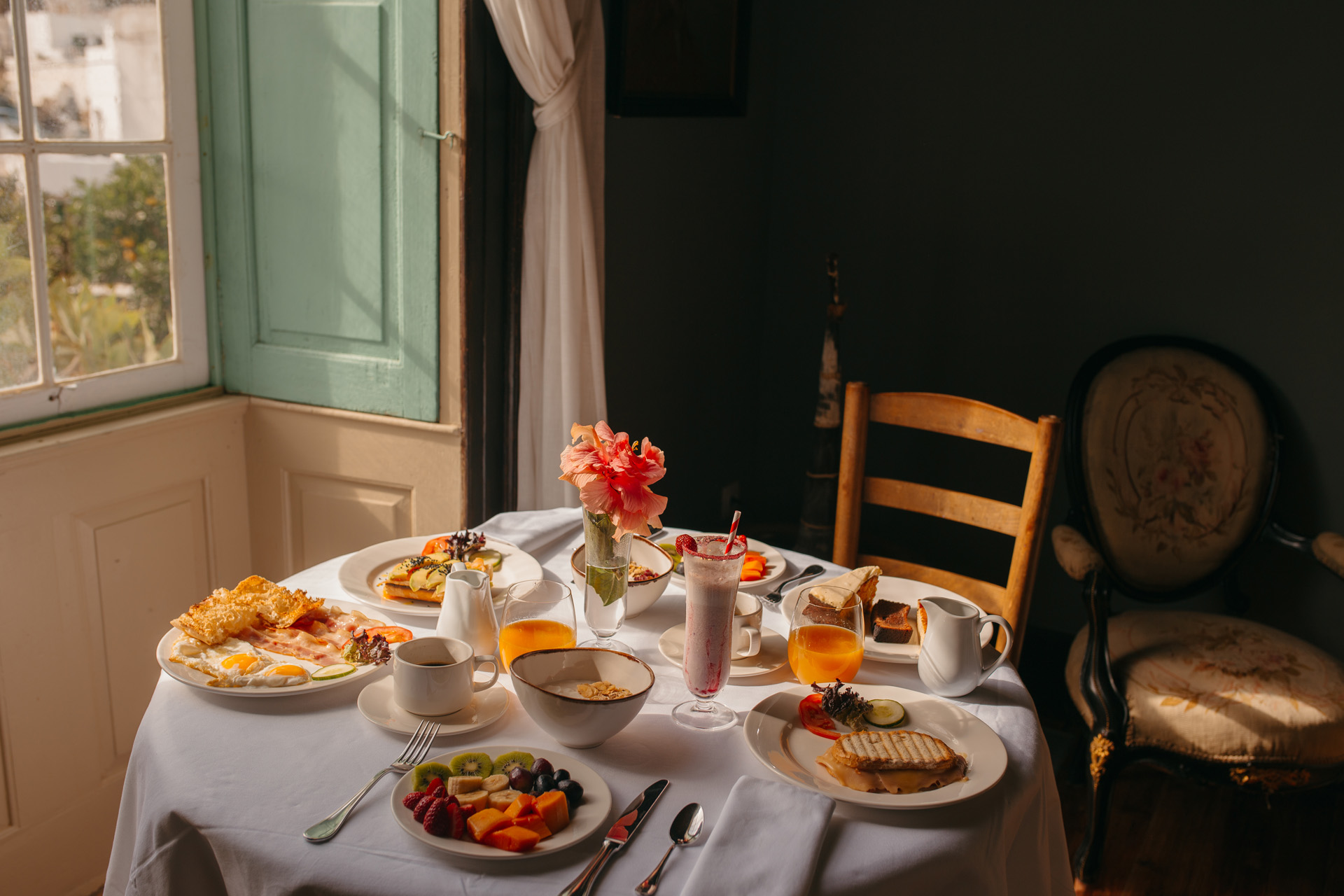 A breakfast spread in the morning light