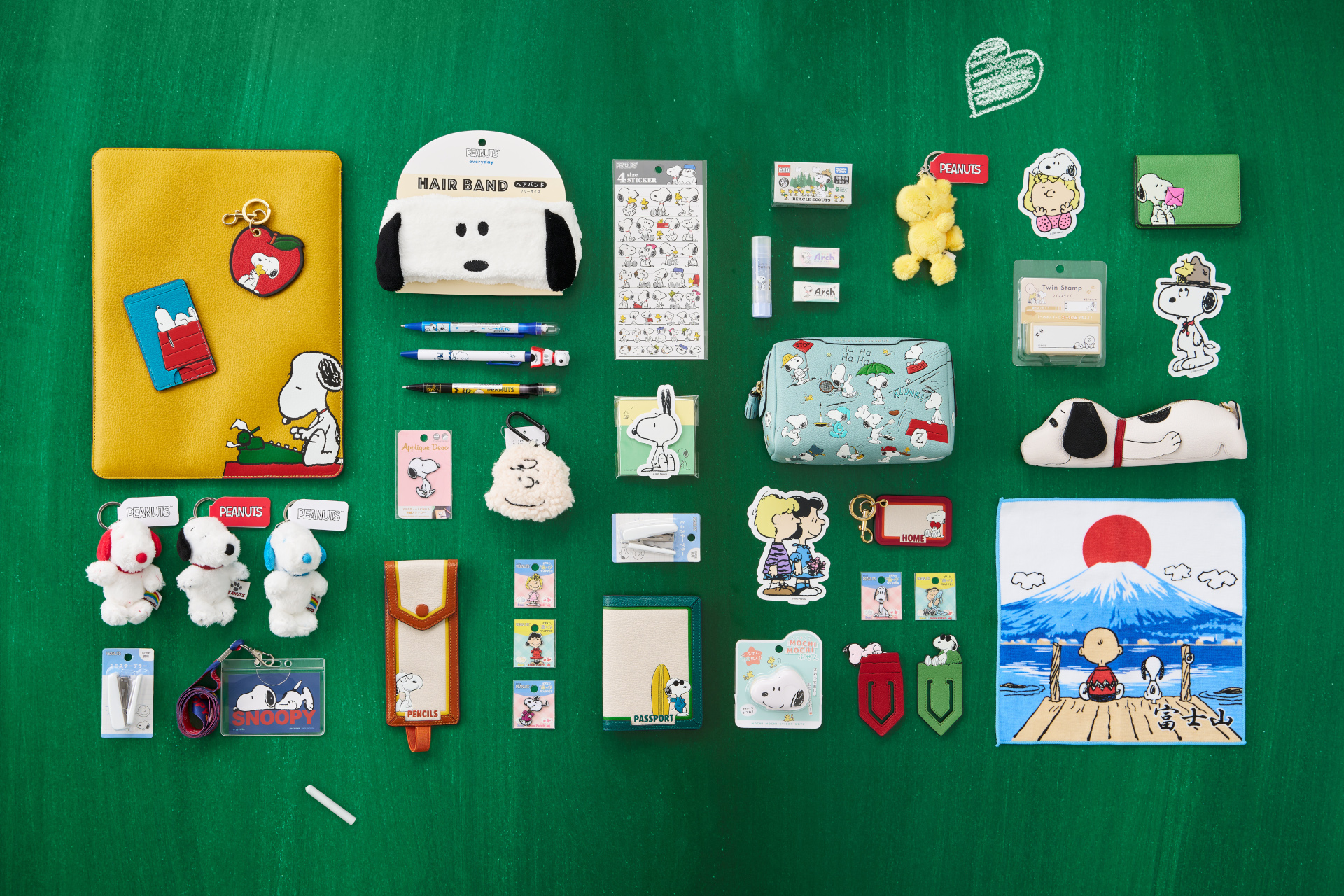 Stationery laid out on green background