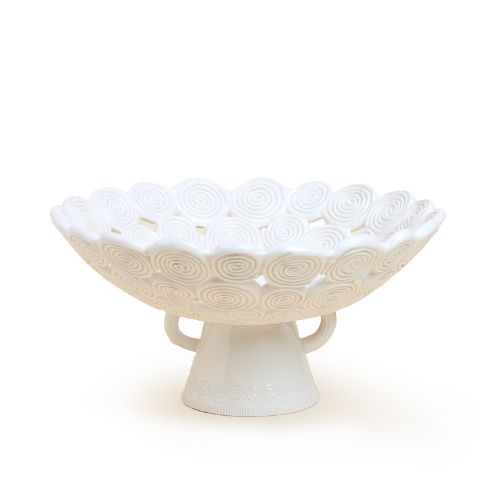 White fruit bowl with spiral motif and two small handles at the base