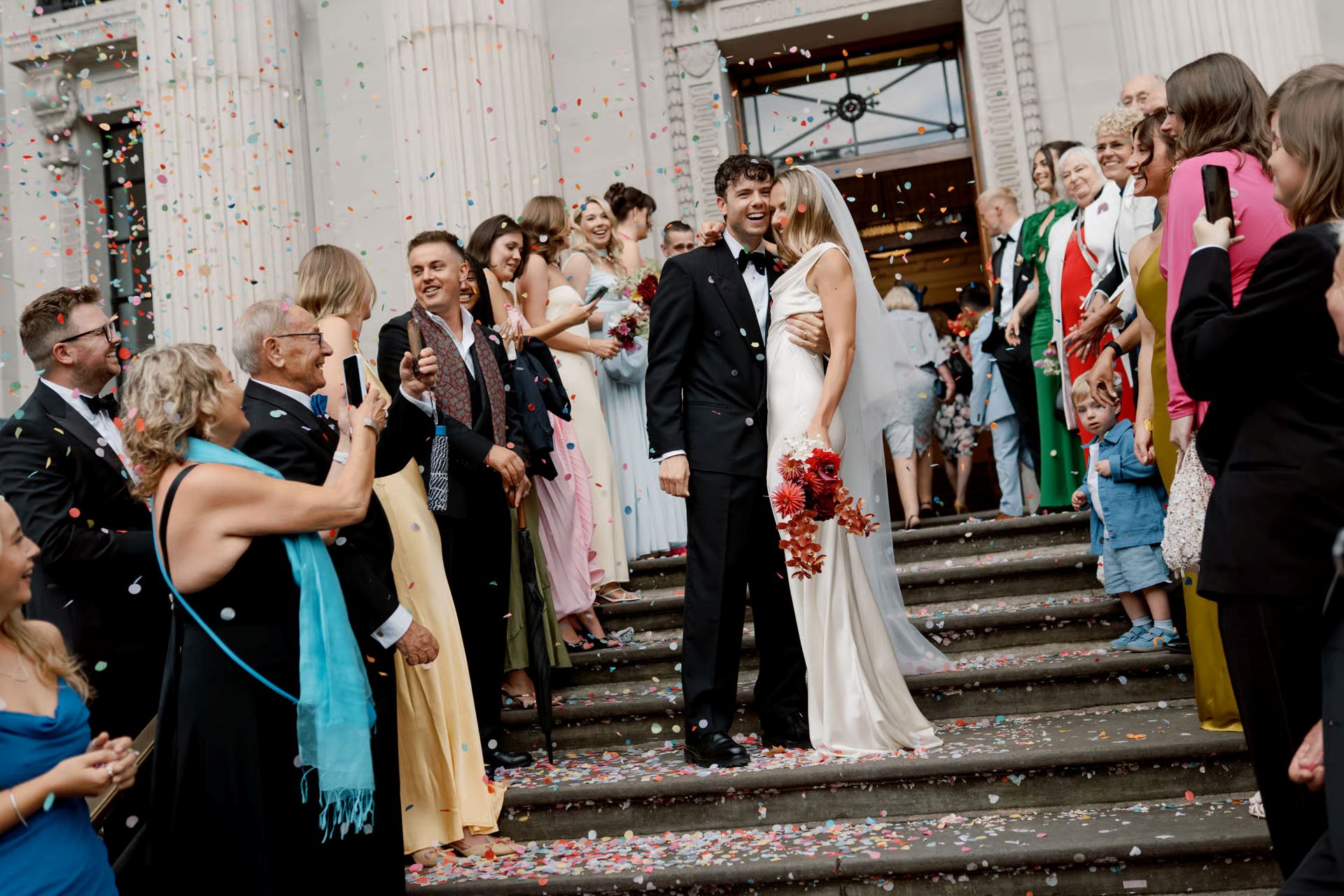 Wedding celebrants outside Old Marylebone Town Hall