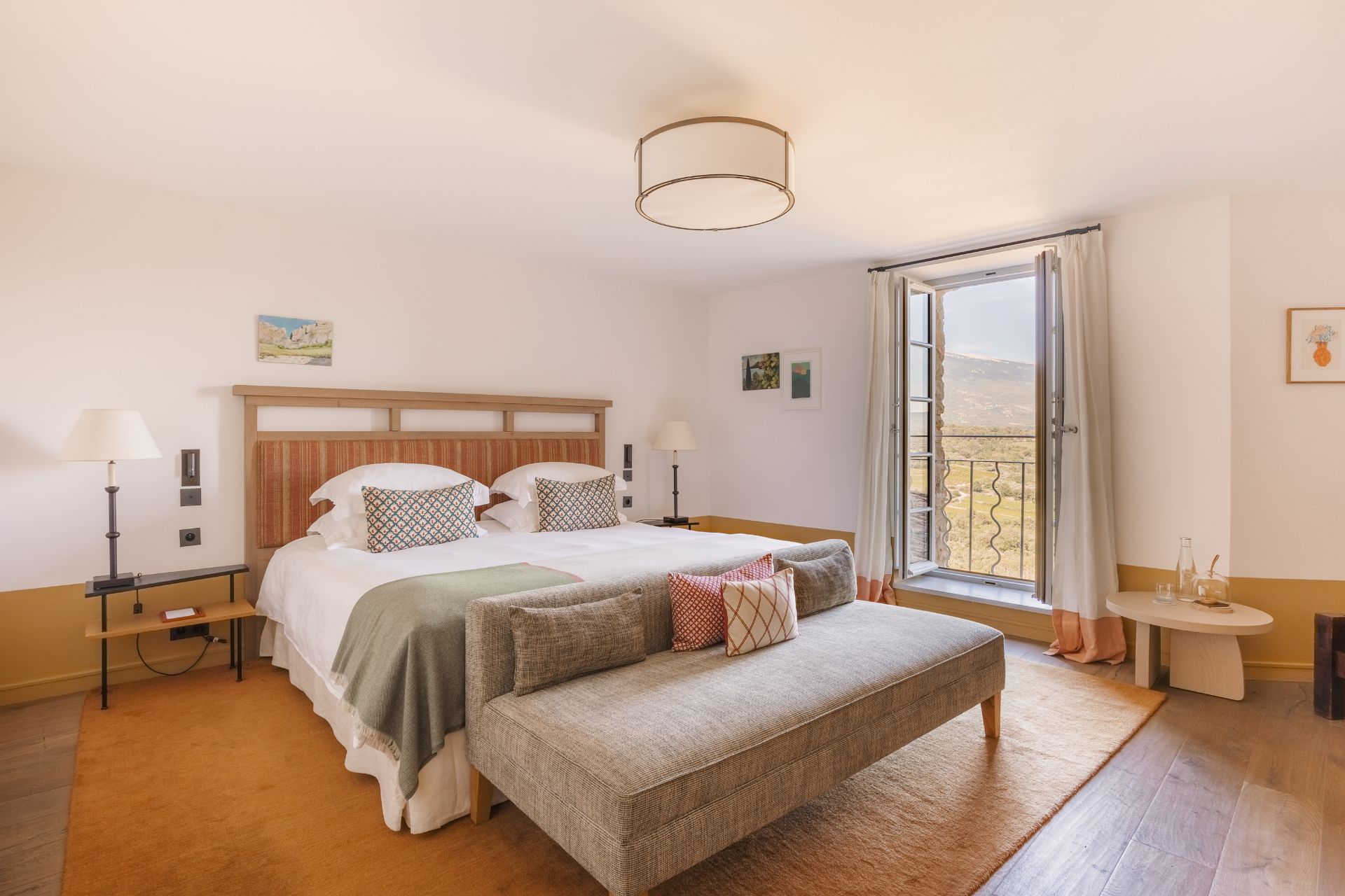Hotel bedroom with views of the French countryside