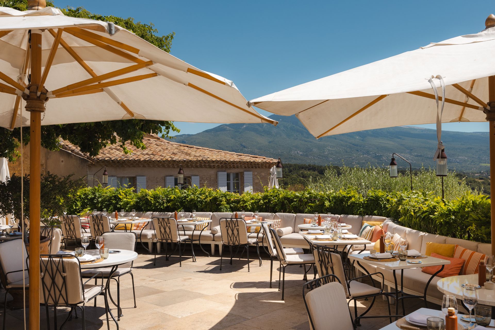 Hotel restaurant terrace with views of the French countryside