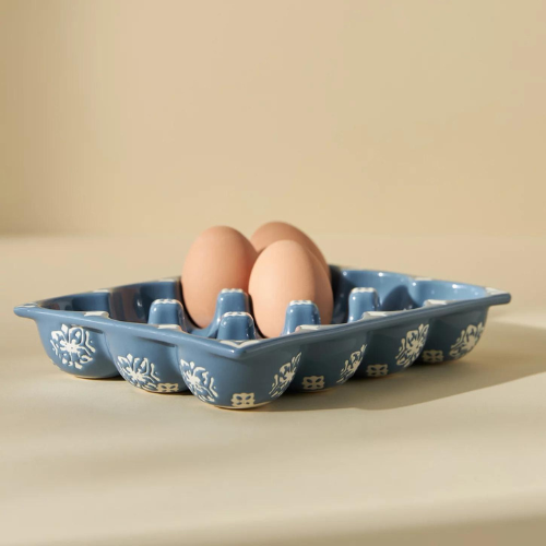 Blue and white ceramic egg crate