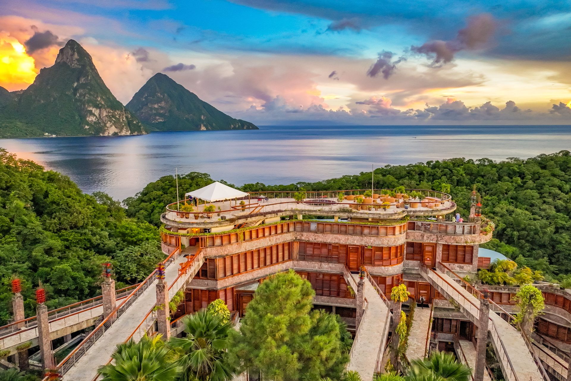Aerial view of St Lucia resort with mountains in the background
