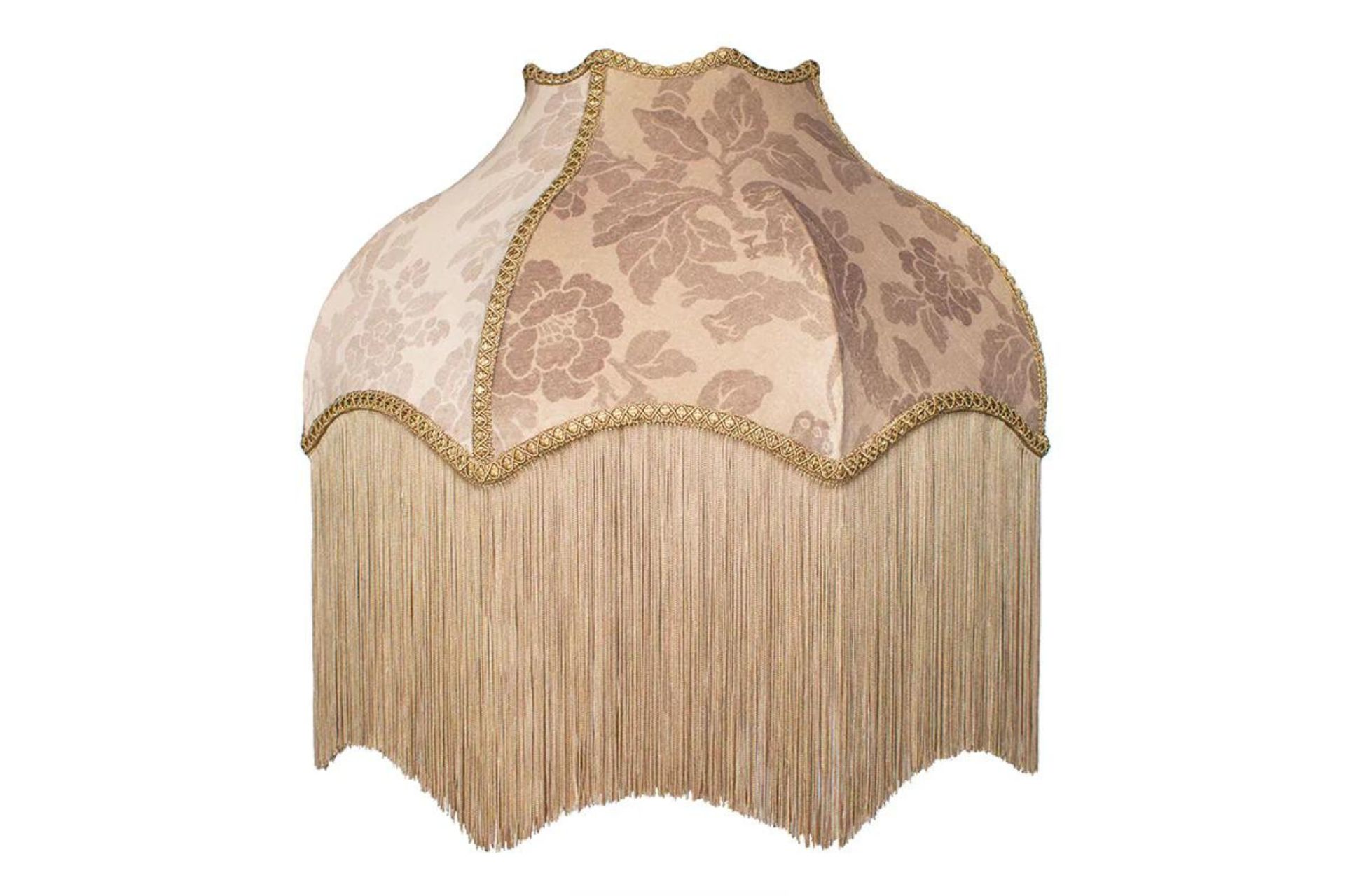 Gold fringed lampshade with taupe floral pattern