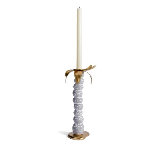 Grey candlestick with gold palm leaf top and flat gold base