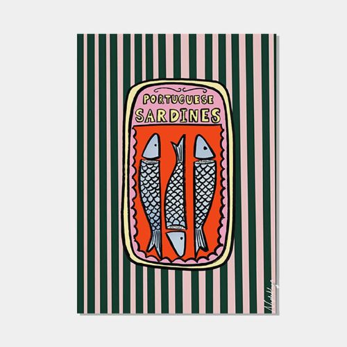 Sardine tin drawing on a black and pink stripy background