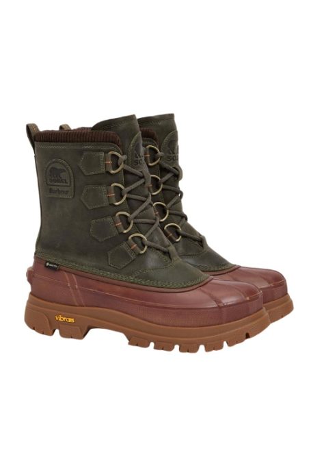 Khaki and brown waterproof boots