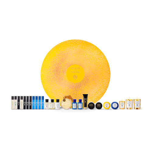 Round yellow box with wellness products