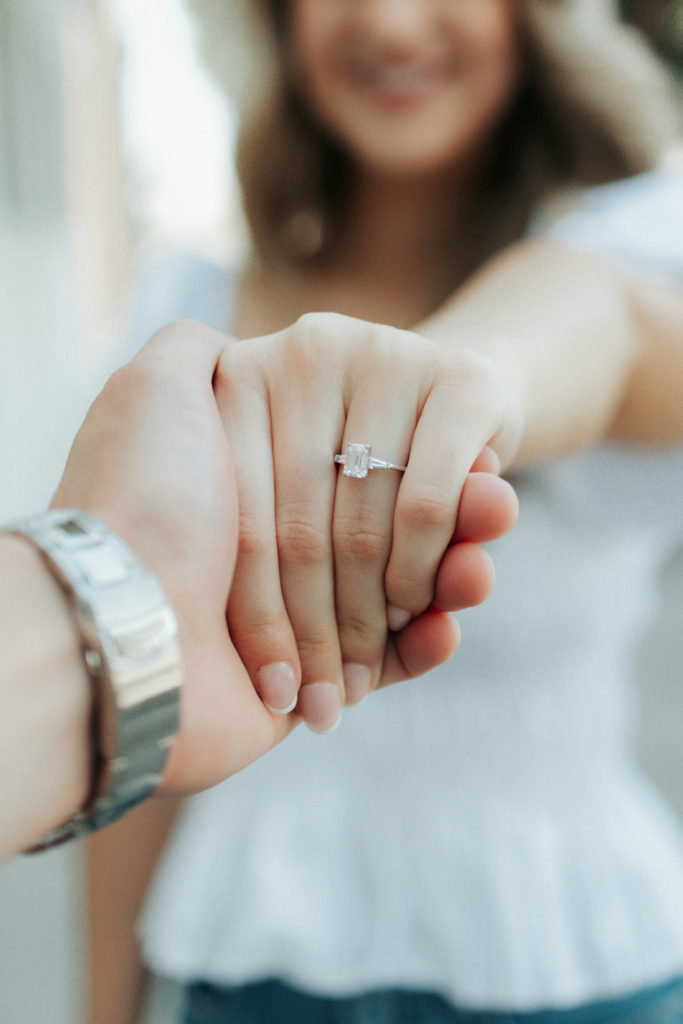 Close up of woman's hand, wearing an engagement ring | proposal nails