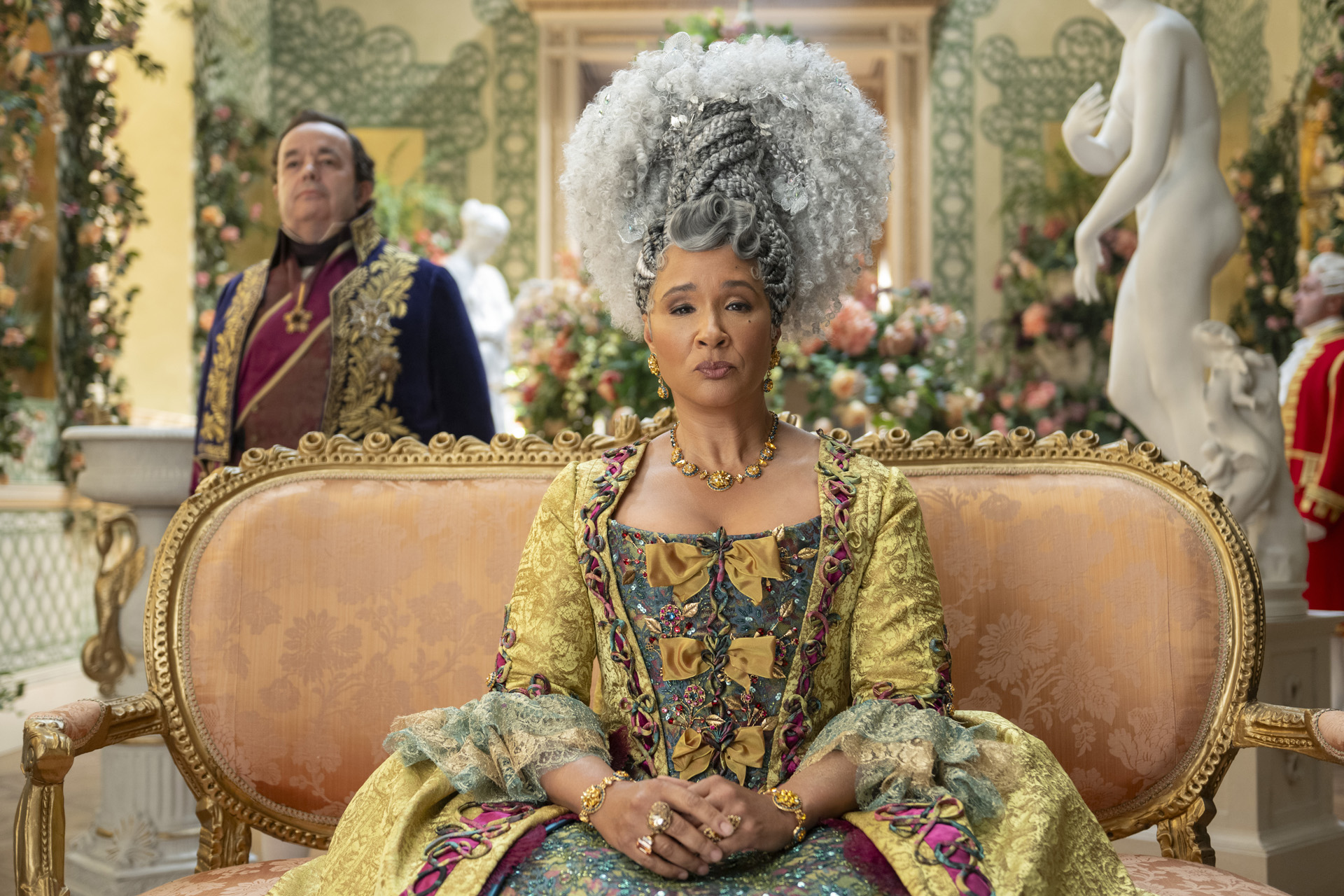 Hugh Sachs as Brimsley & Golda Rosheuvel as Queen Charlotte in episode 403 of Bridgerton