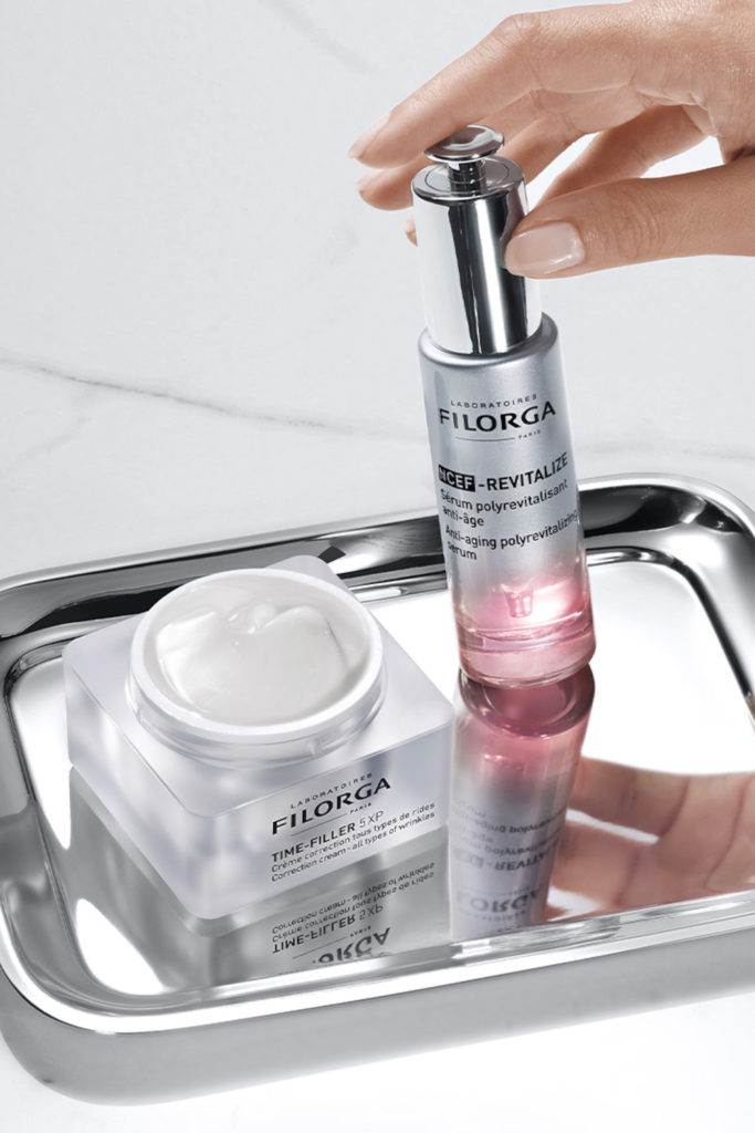 Filorga NCEF moisturiser and serum on metal tray